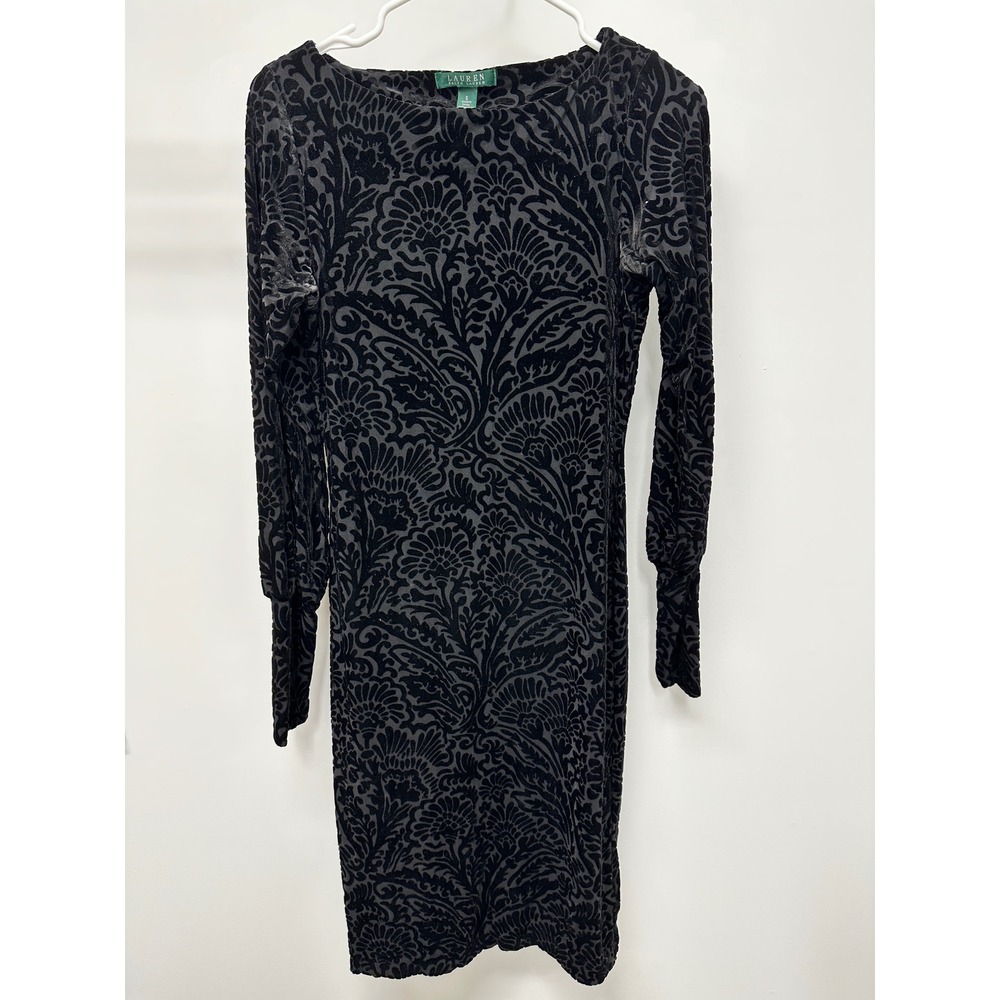 Lauren Ralph Lauren Black Burnout Velvet Floral Damask Sheath Dress Tie Cuff S